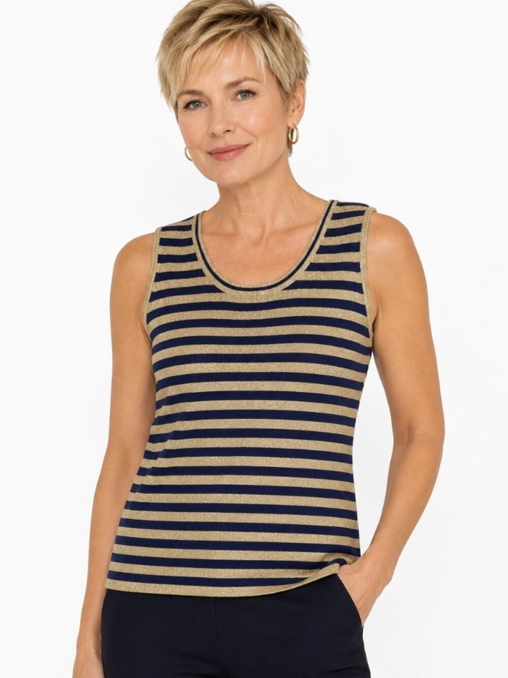 Annabell Gold Lurex Navy Blue Stripe Sleeveless Tank Top